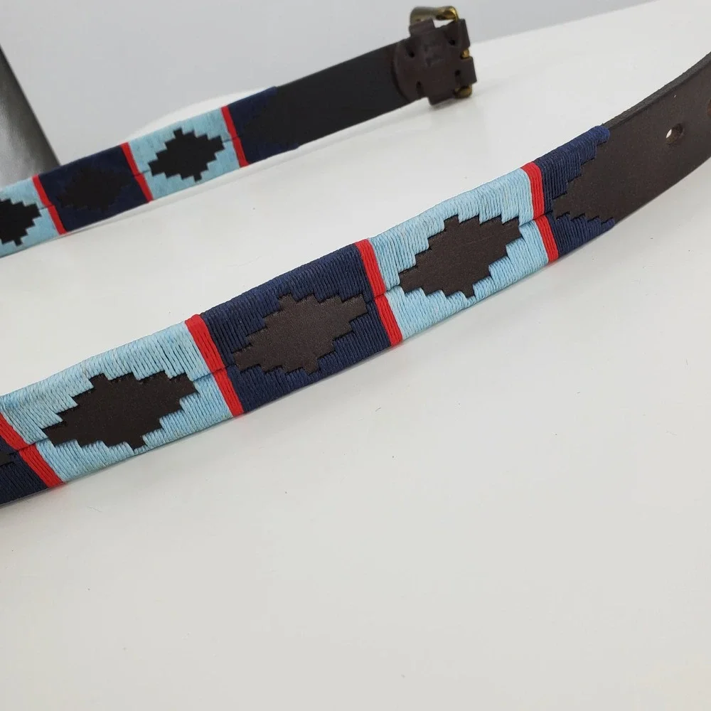 Pioneros Leather Polo Belt Pampa Diamond Blue Navy Red Size 110 Western Aztec